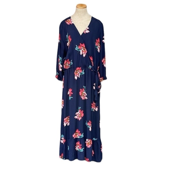 Joules Dress Women's 16 Plus Blue Floral Long Sleeve Maxi V-Neck NWT - Picture 1 of 17